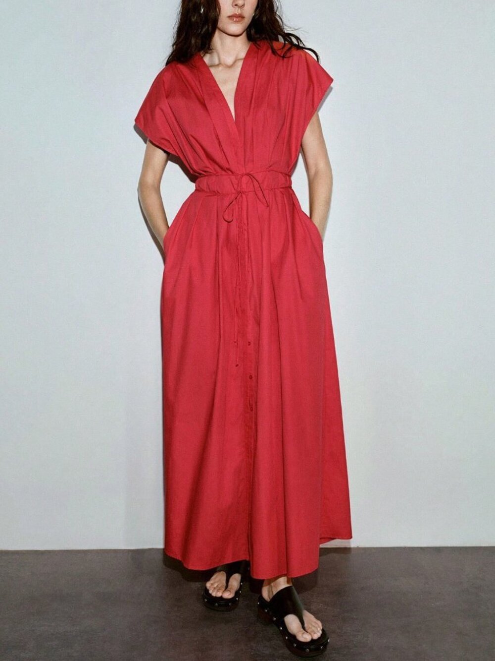 Red Casual Women's Premium 100% Cotton V-Neck Dress - Picture 6 of 6